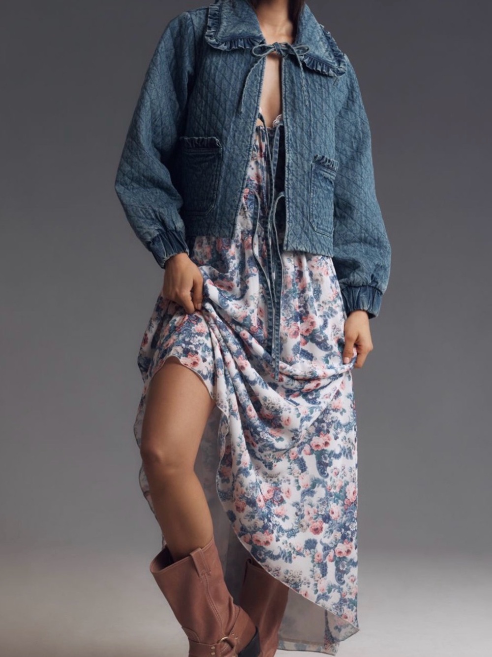 Avec Les Filles Ruffled Collar Quilted Jacket